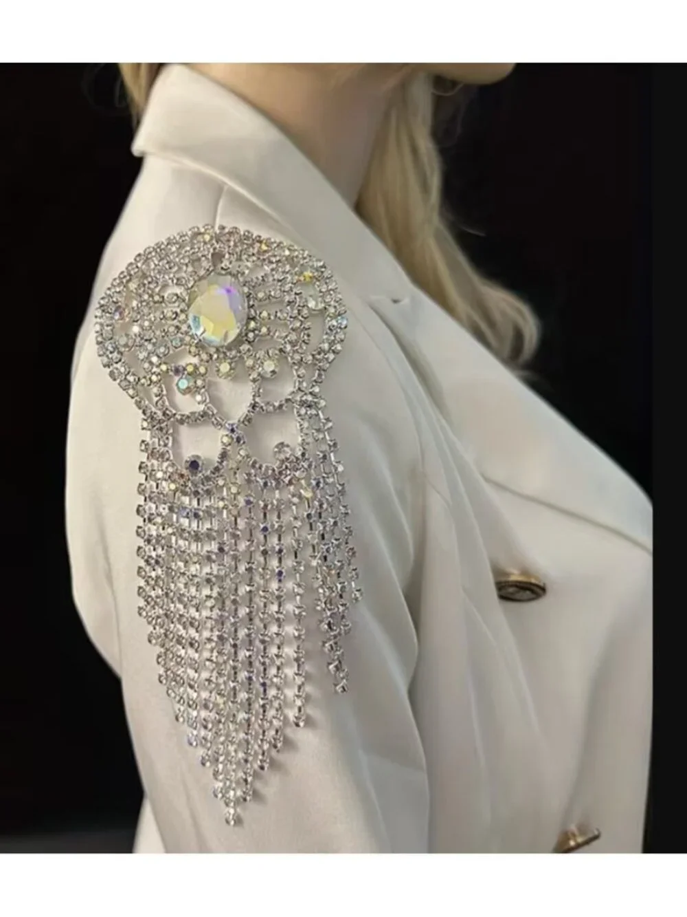 Luxurious Gold Rhinestone Floral Shoulder Epaulette Brooch Sparkling Fringe